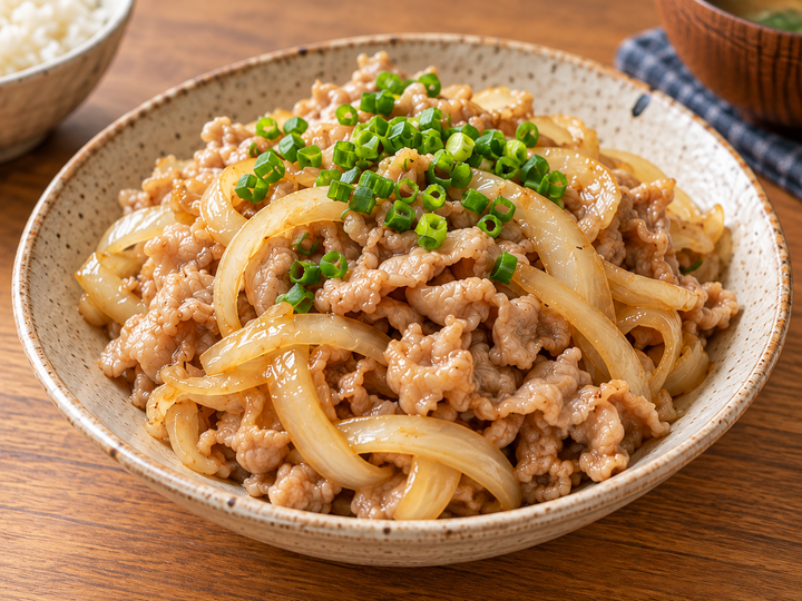 豚こまと玉ねぎの漬け込み炒め(AI生成の調理イメージ・未試作)