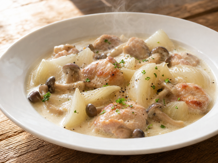 白い皿に盛った玉ねぎと鶏肉のクリーム煮