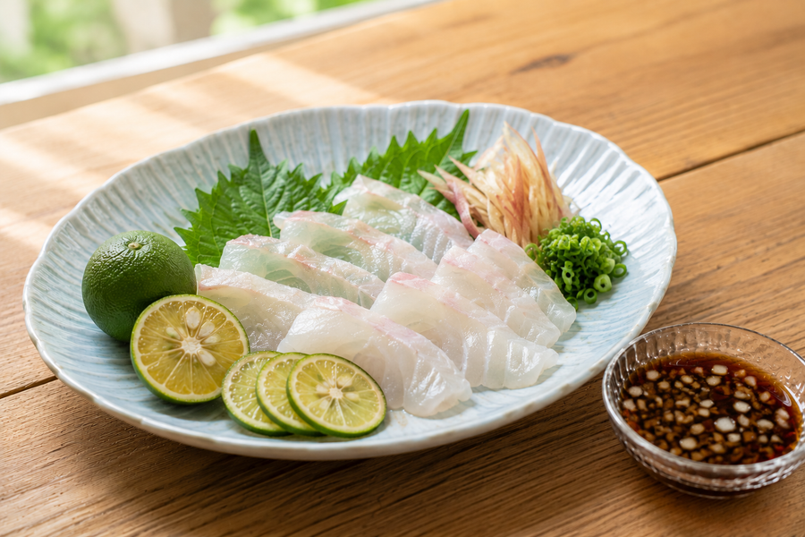 自然光の食卓に置いたヒラメのお刺身