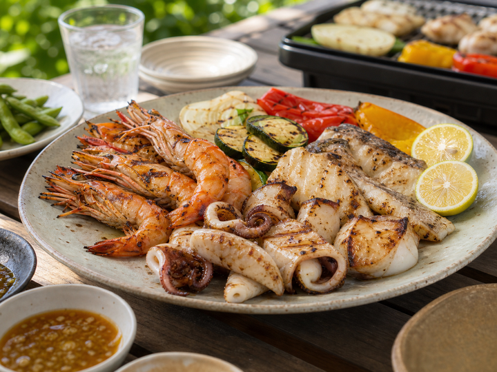 自然光の食卓に置いた海鮮BBQ