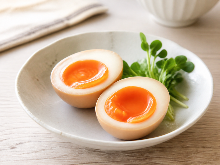 自然光の食卓に置いたとろ〜り半熟味玉