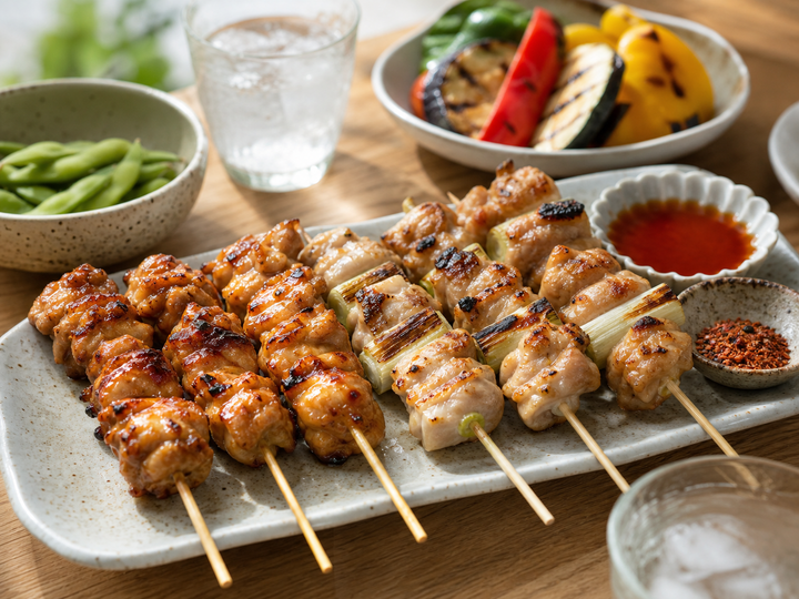 自然光の食卓に置いた焼き鳥盛り合わせ
