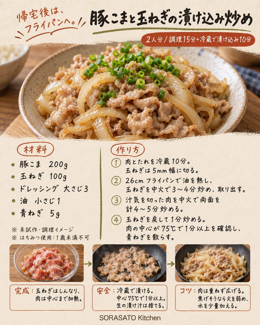 豚こまと玉ねぎの漬け込み炒めの保存用レシピカード