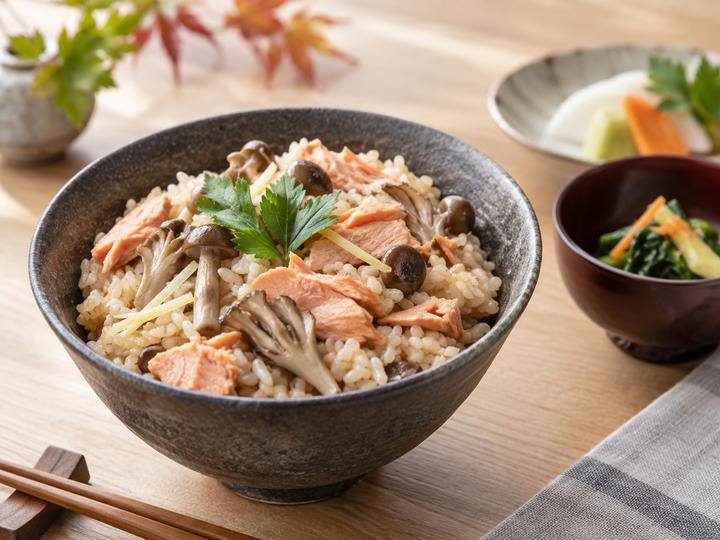 秋鮭ときのこの炊き込みご飯。調理イメージ。