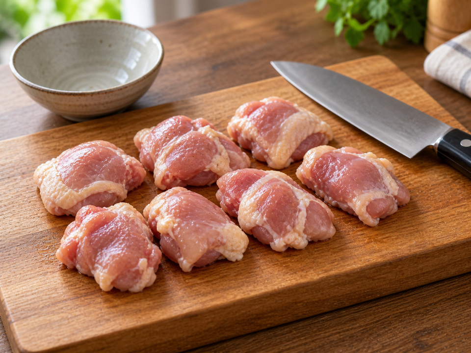 手順1：鶏もも肉は4〜5cm大、厚い部分は約2.5cm以下を目安にそろえます（調理イメージ）。