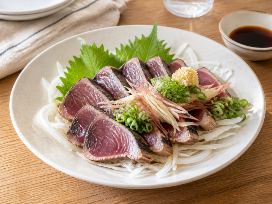 自然光の食卓に置いたかつおのたたきと薬味