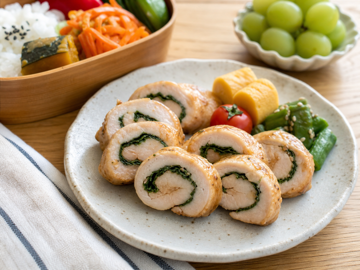 自然光の食卓に置いたささみのしそ巻き