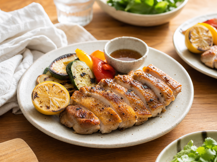 自然光の食卓に置いたチキンステーキ