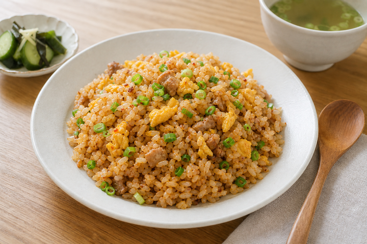 自然光の食卓に置いたガーリックチャーハン