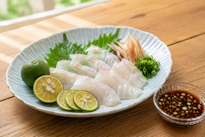 自然光の食卓に置いたヒラメのお刺身