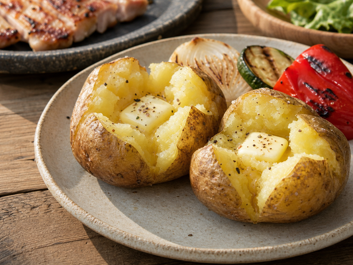 自然光の食卓に置いたじゃがバター