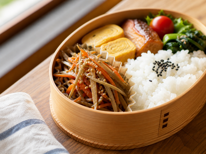 自然光の食卓に置いたきんぴらごぼう