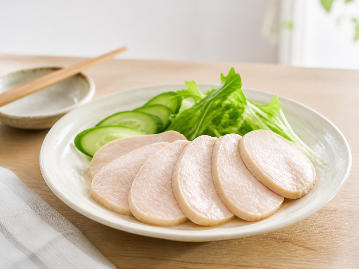 自然光の食卓に置いたしっとり鶏ハム