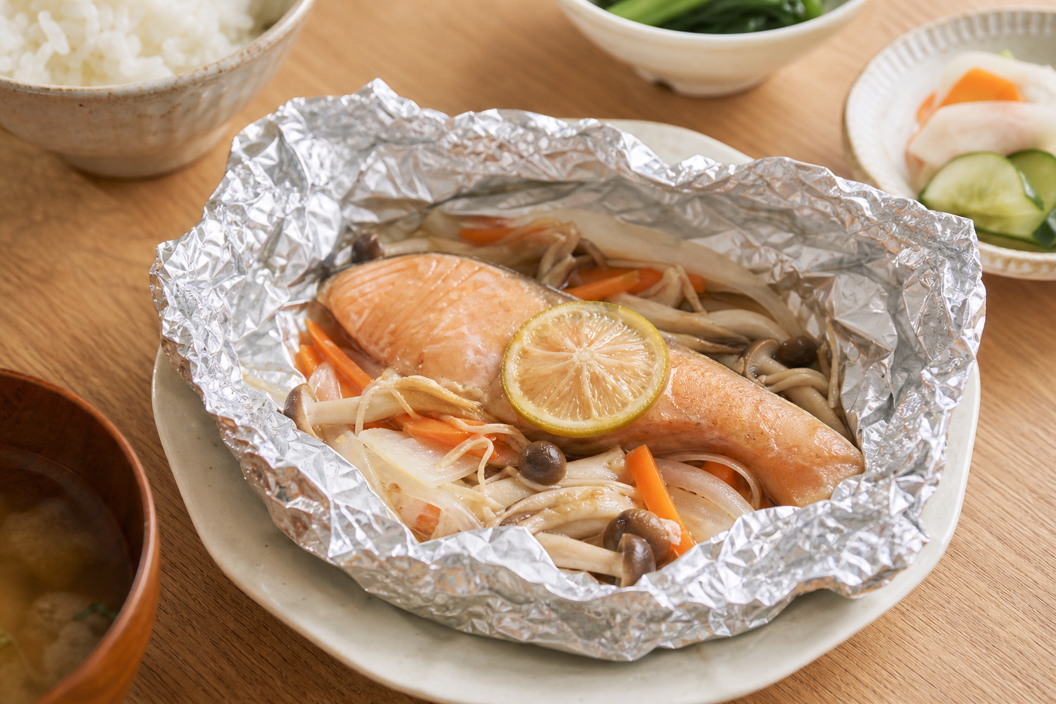 自然光の食卓に置いた鮭のホイル焼き