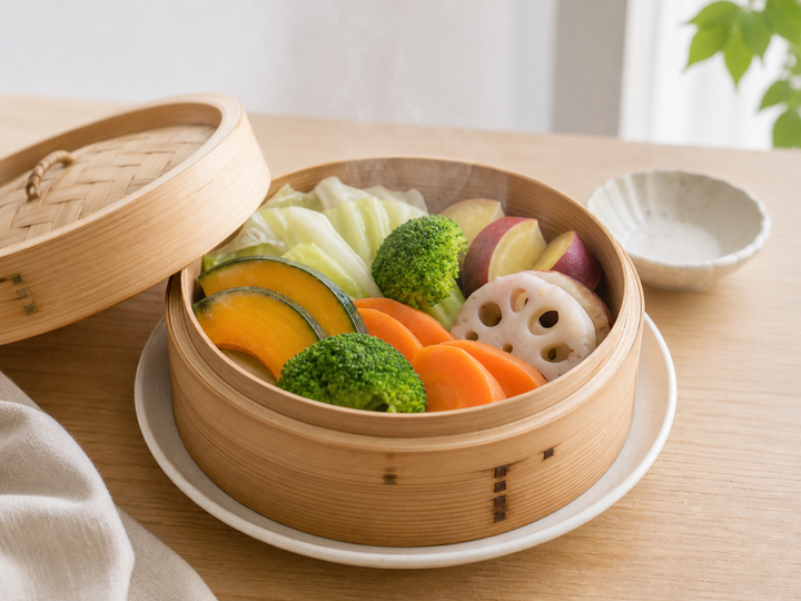 自然光の食卓に置いたせいろ蒸し野菜