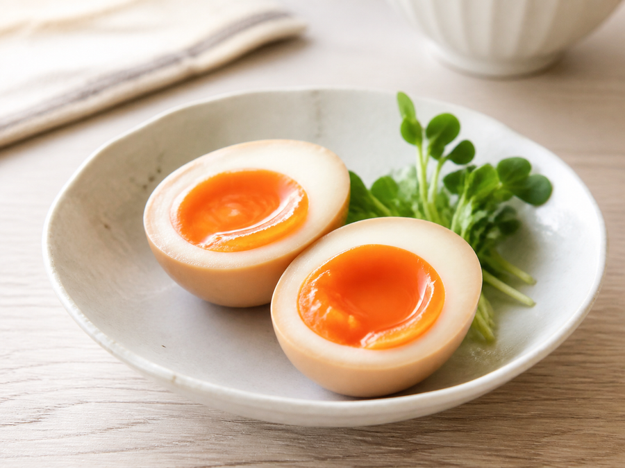 自然光の食卓に置いたとろ〜り半熟味玉