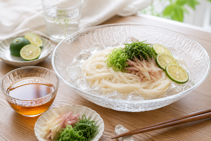 自然光の食卓に置いたそうめん
