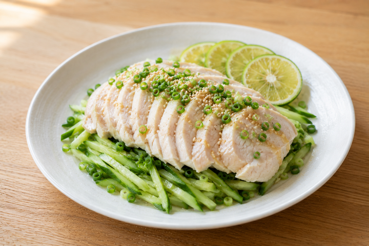 自然光の食卓に置いた蒸し鶏ときゅうり