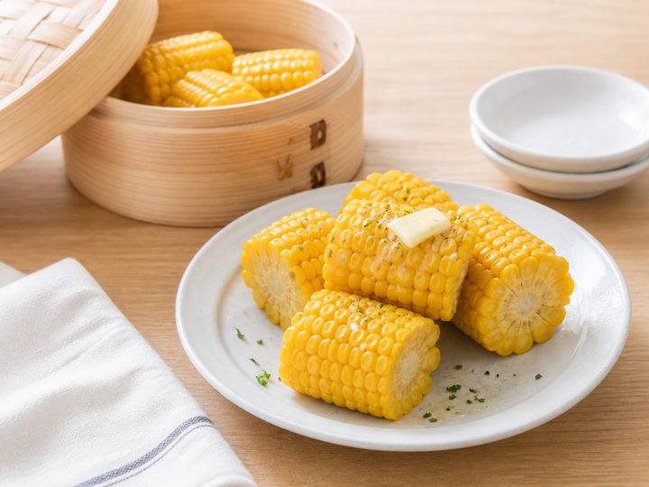 自然光の食卓に置いた蒸しとうもろこし