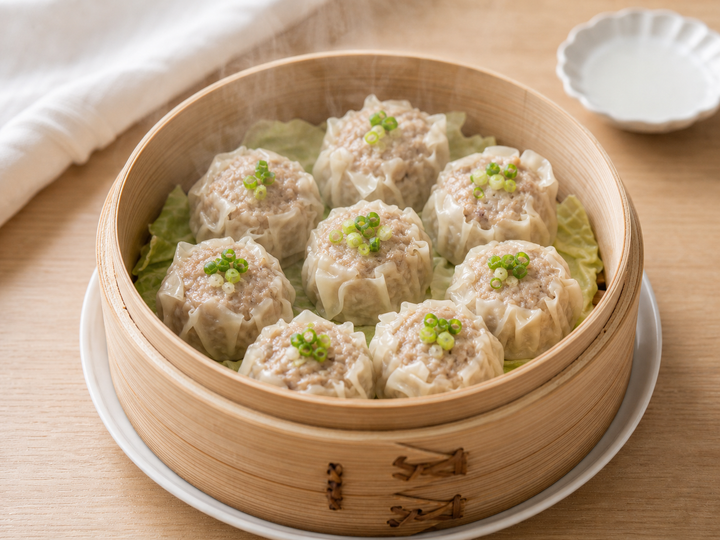 自然光の食卓に置いた蒸し焼売