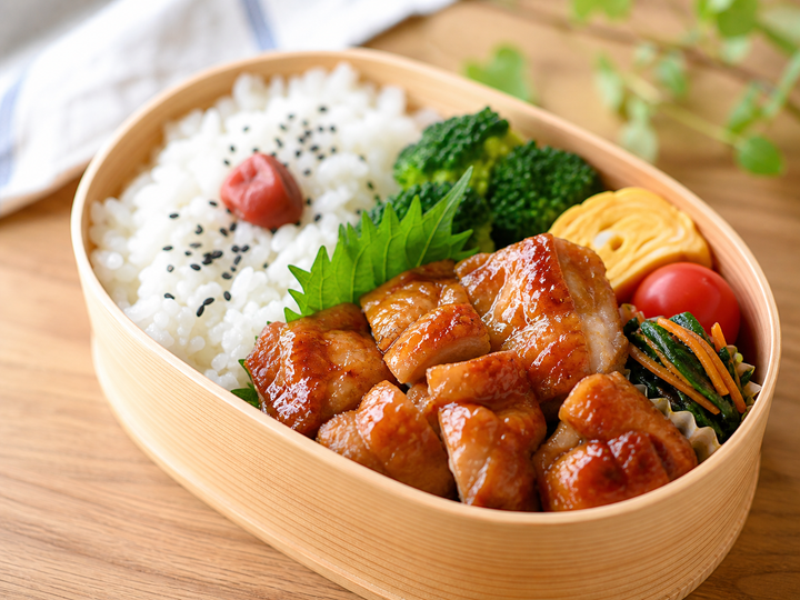 自然光の食卓に置いた照り焼きチキン