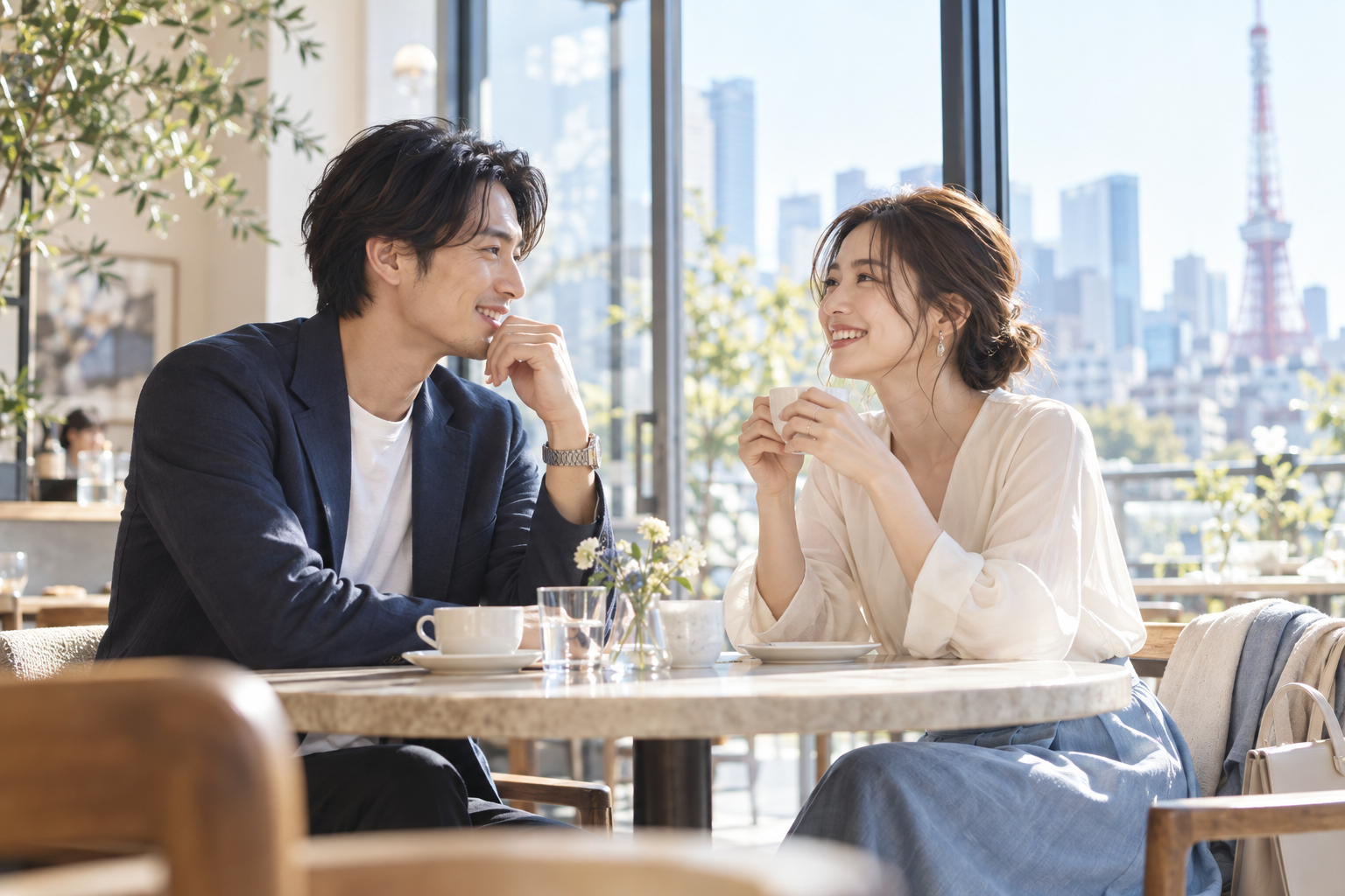 カフェで会話を楽しむ若い男女