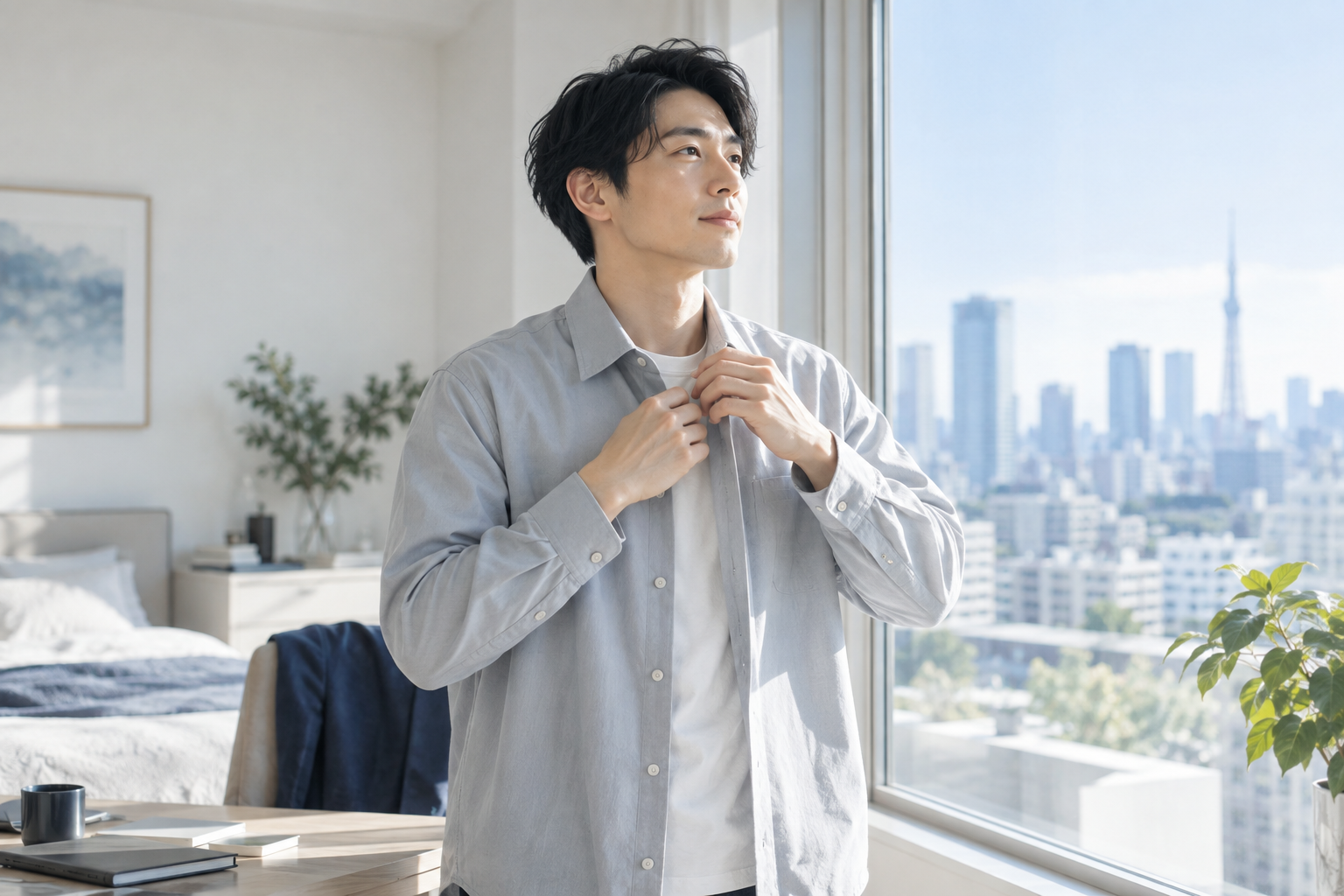 身支度を整える若い男性