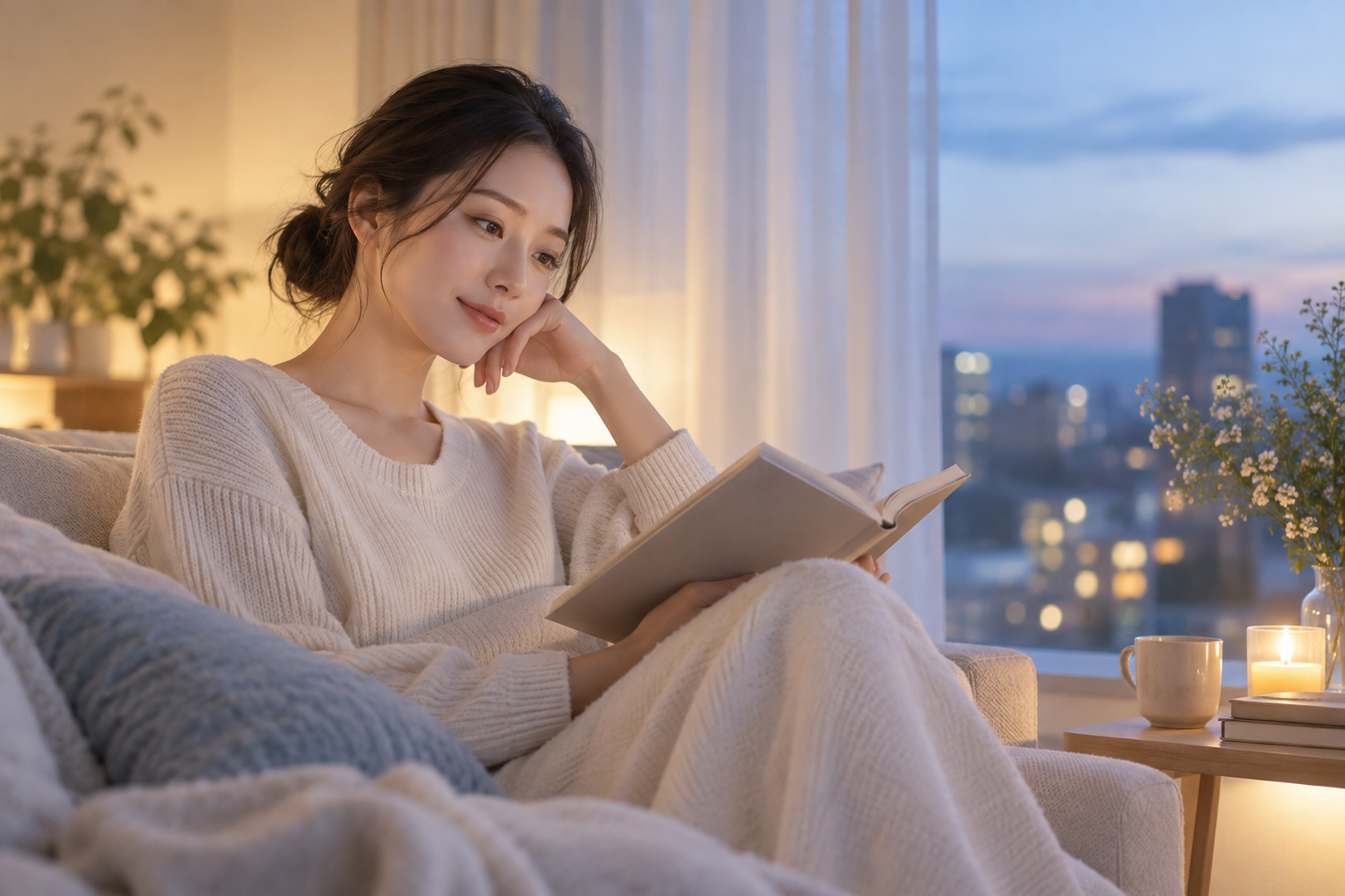 夜に読書を楽しむ若い女性