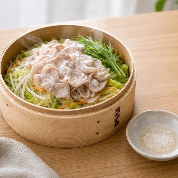 蒸し上がり、豚肉の赤みが消えた状態