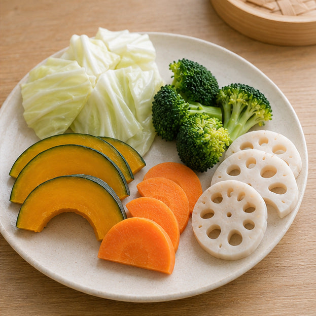 厚さをそろえて切ったかぼちゃ、にんじん、れんこんとブロッコリー