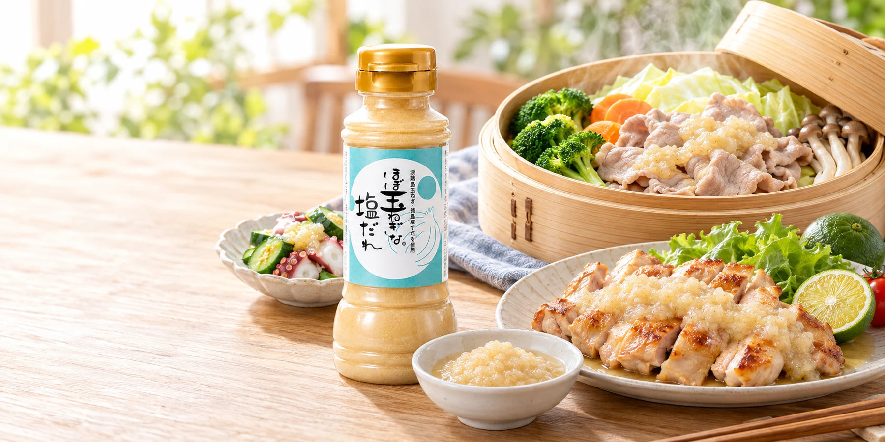 ほぼ玉ねぎな塩だれと、豚肉と野菜のせいろ蒸し・鶏料理・和え物の食卓