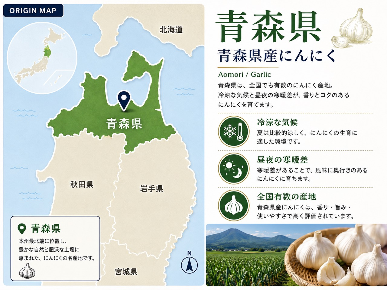 青森県産にんにくの産地を示す簡易地図